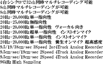 4VN32ch}`R[fBO\@
8ch}`R[fBO\
8ch}`R[fBO\
20Hz-20,000HzPw
20Hz-25,000Hzw
20Hz-20,000HzPw@H[J
15Hz-20,000HzPw@CXgI}CN
20Hz-20,000HzPw@CXgI}CN
20Hz-20,000HzPw@{I}CN x
9.5/19/38cm-sec 3Speed 2or4Track Analog Recorder
9.5cm-sec/19cm-sec 2Speed 4Track Analog Recorder
9.5cm-sec/19cm-sec 2Speed 4Track Analog Recorder
96kHz High Sampling